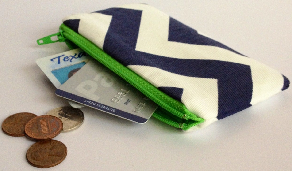 Zippered Coin Purse Wallet - Fabric Business Card Holder - Navy Chevron Stripes