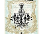 Art Print. Bird Silhouette Chandelier on Vintage Style Background, Aqua Blue Turquoise  8 x 10 inch. The Decorated House Etsy