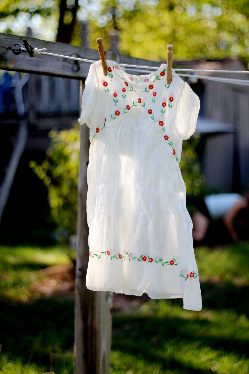 Vintage Children's Dress with Red Embroidered Flowers