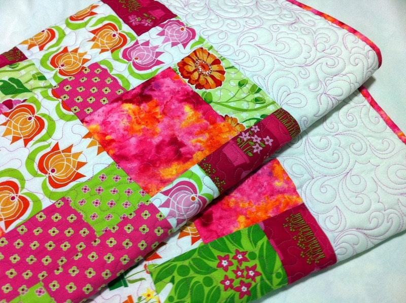 Patchwork Lap Quilt in pink, lime and white SUMMER SUNSHINE 56" x 66"