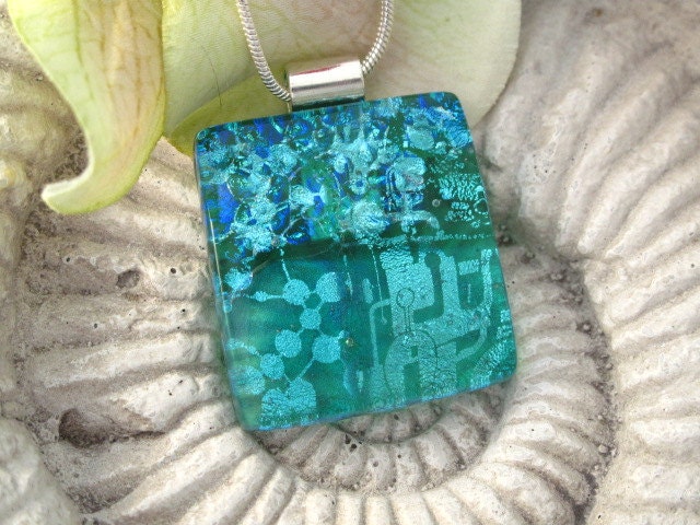Emerald Aqua Necklace - Contemporary Jewelry - Dichroic Glass Pendant - Dichroic Fused Glass Jewelry -Fused Glass Necklace 071412p100a