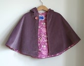 Purple velvet newborn or toddler girls hooded cape lined owl flannel - sizes Newborn to 4T - cape, cloak, coat, jacket, hoodie