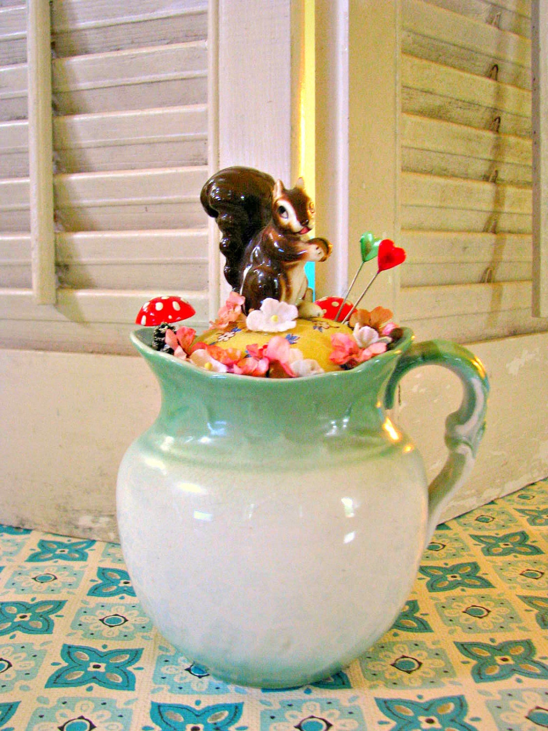 Vintage Squirrel on Pitcher Pin Cushion