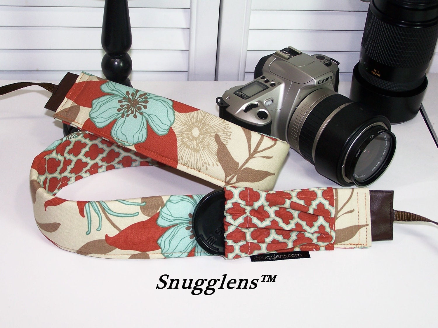Dslr camera strap with lens cap pocket padded columbine terra cotta lattice -Snugglens- New