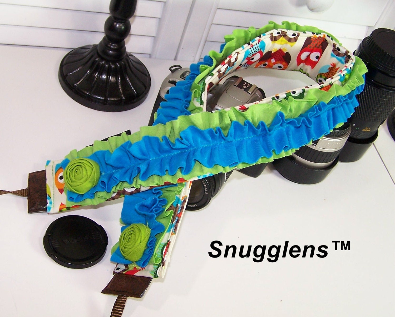 PreOrder camera strap padded -colorful owls-torquoise-lime-ruffles-rosettes-  WITH lens cap pkt --SNUGGLENS