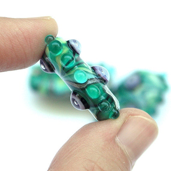 Green Marble - Handmade Lampwork Glass Bead Set in Green, Aqua and Lavender (3) OOAK