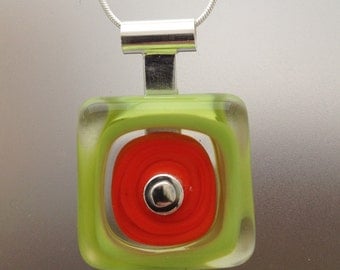 Square Glass Drop Necklace in Orange and Lime Green
