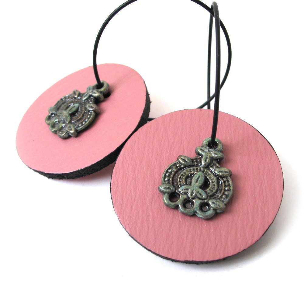 Hoop Earrings with Verdigris Patina Crest Charms and Dusty Rose Leather Disks, Women, Teen Girl, Eco-Friendly, OOAK