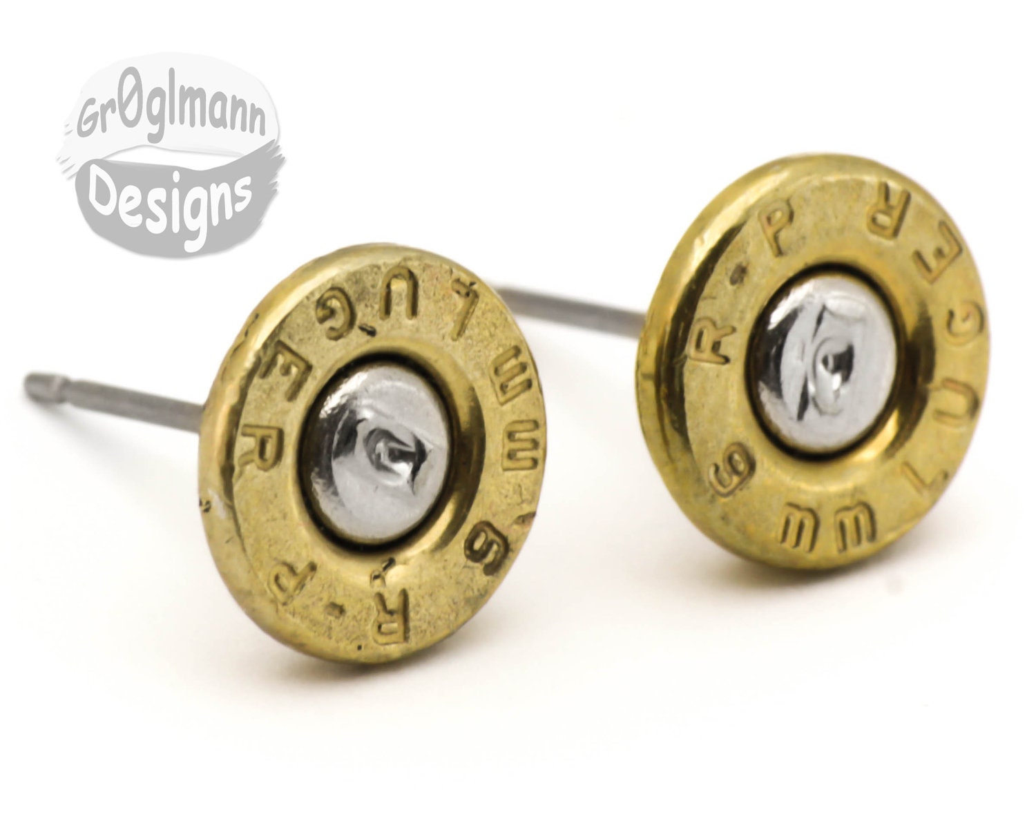 Remington 9mm Luger Stud Earrings :) Pistol Bullet Casing Shell