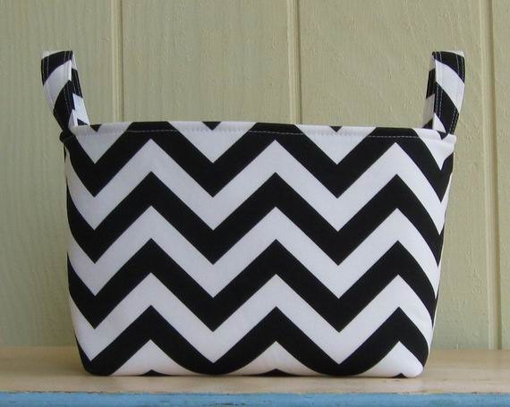 Fabric Storage Bin- Organizer- Chevron- Black- White- Zig Zag- Large