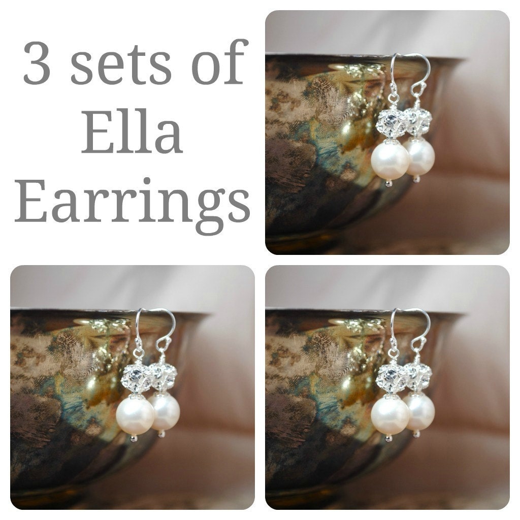3 sets of Bridesmaids Earrings, Three Swarovski Pearl Rhinestone Ball Drop Earrings, Bridal Party Gifts, Wedding Earrings, Bridal Earrings