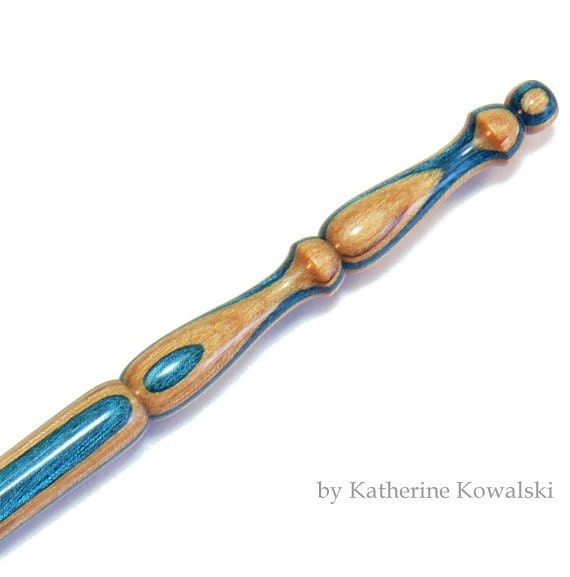 Wooden Crochet Hook -- Sapphire Wood Dyed Hardwood -- Size I (DAYSTAR) Katherine Kowalski woodturning, blue, white, sky, cloud