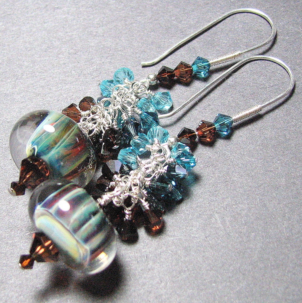 Aqua brown boro lampwork glass bead earrings Sterling silver handmade custom ear wires Swarovski crystals - Drift