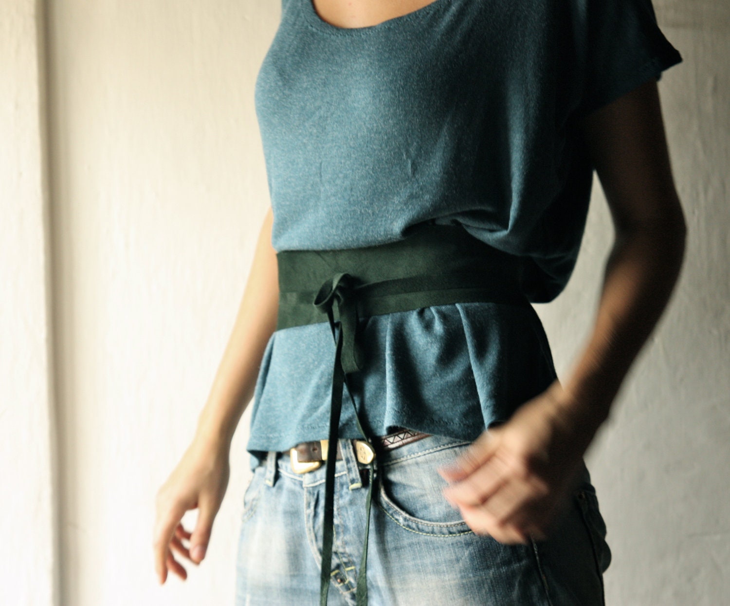 Obi Belt Green Leather- 3 inches wide wrap waist belt for women