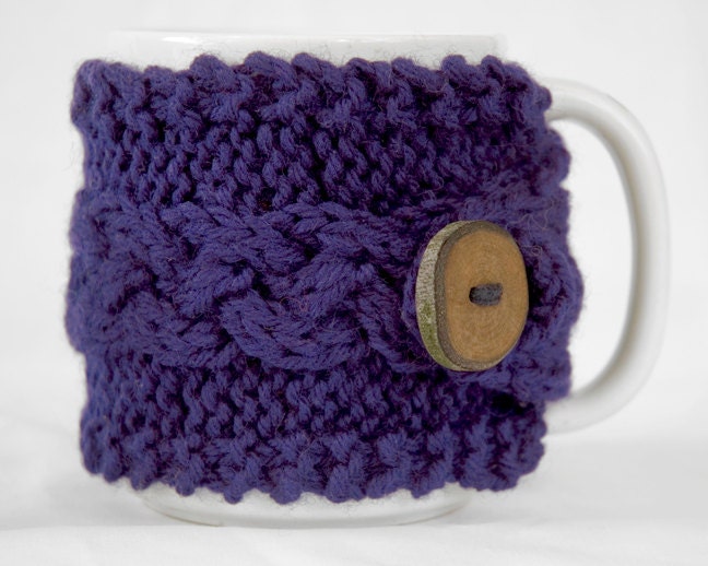 Hand Knit Cabled Wool Coffee Cup Cozy in Navy Blue