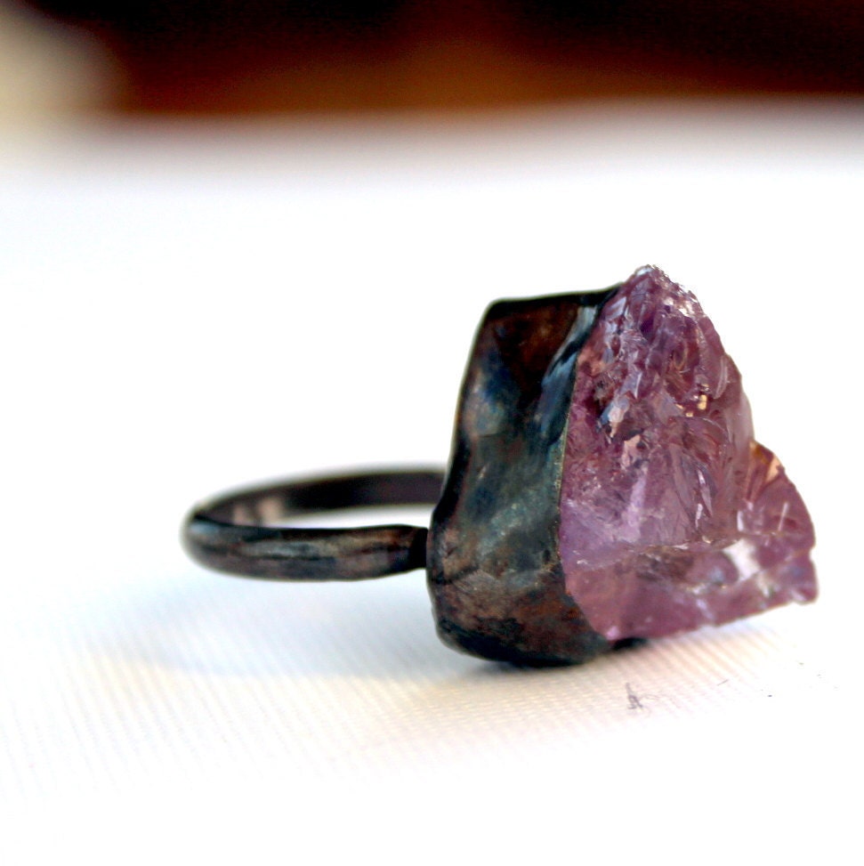 Light purple amethyst oxidized handmade sterling silver ring size 6 and a half raw rough organic gemstone February birthstone