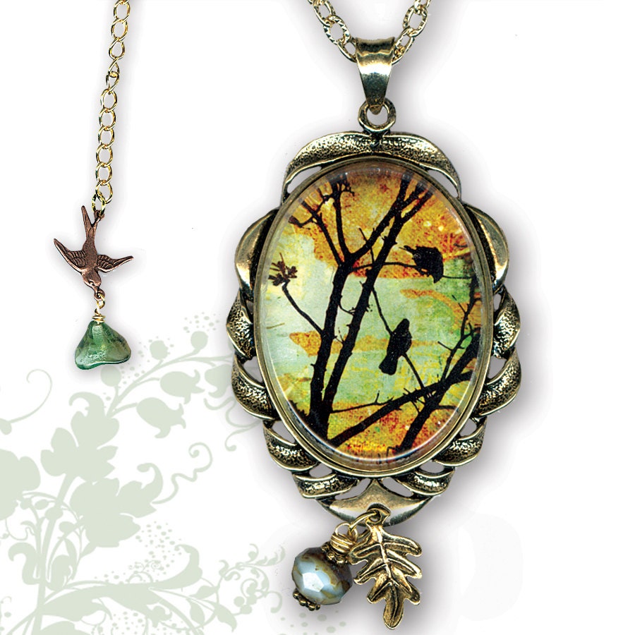 Birds in Tree - Glass Art Frame Jewelry - GeoForms Collection by Tzaddishop - Woodland Sunrise