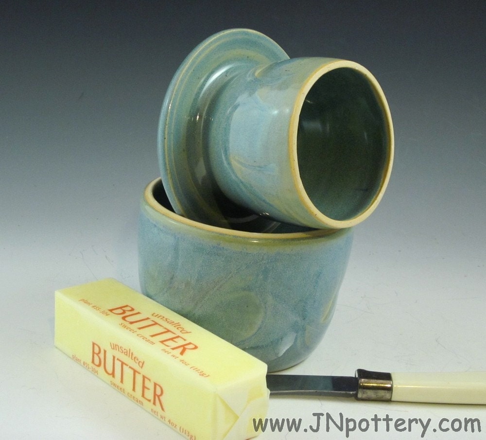 Stoneware / Ceramic Butter Crock / French Style Butter Keeper, Opal Blue s189
