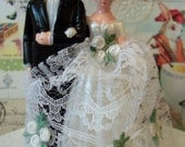 Modern Vintage Bridal / Wedding Cake Topper / Retro Bride and Groom / Made from Vintage Craft Supplies