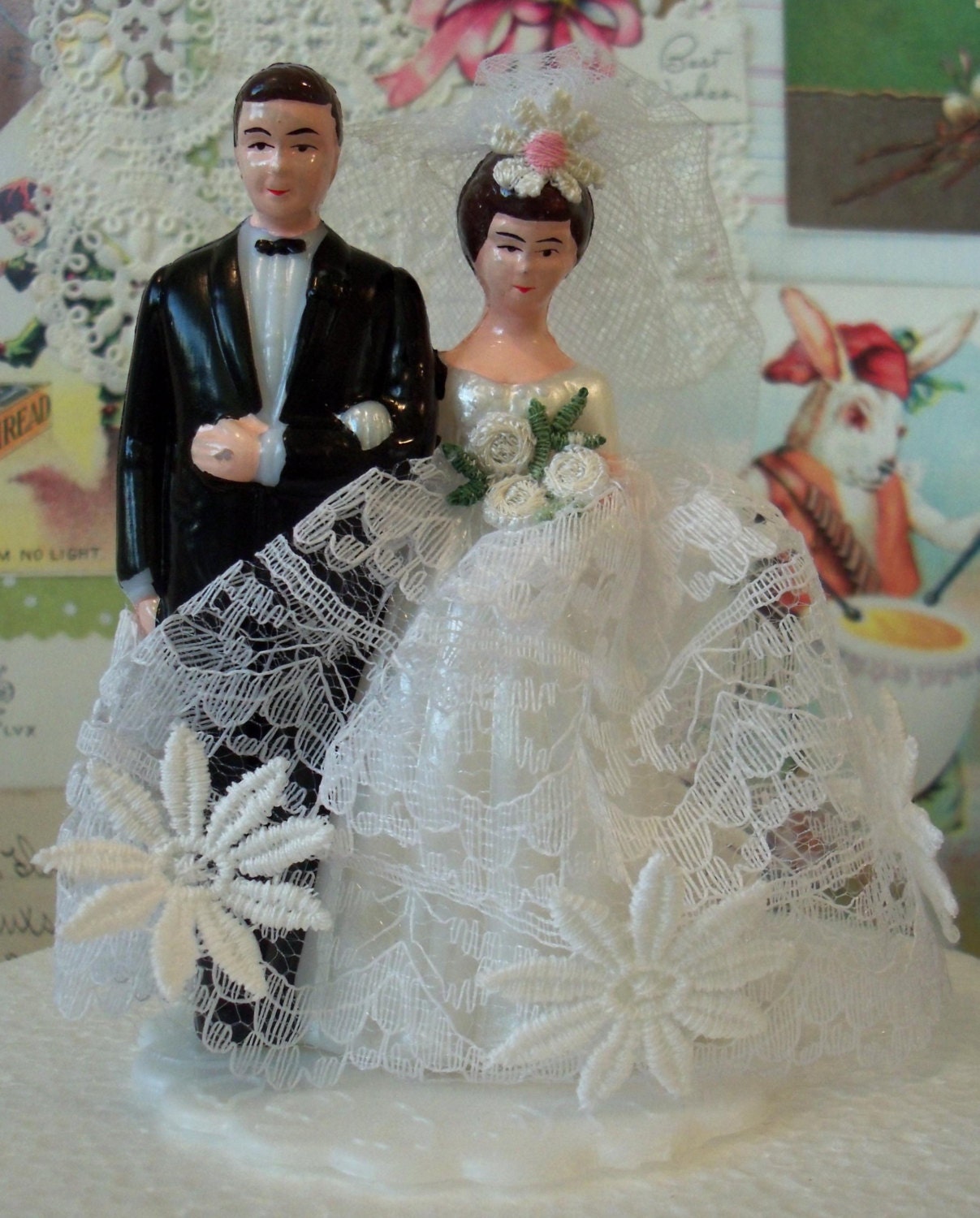 Modern Vintage Bridal / Wedding Cake Topper / Bride and Groom / Made from Vintage Craft Supplies