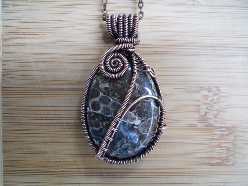 Turritella Fossil Jasper Pendant Wire Wrapped in Oxidized Copper