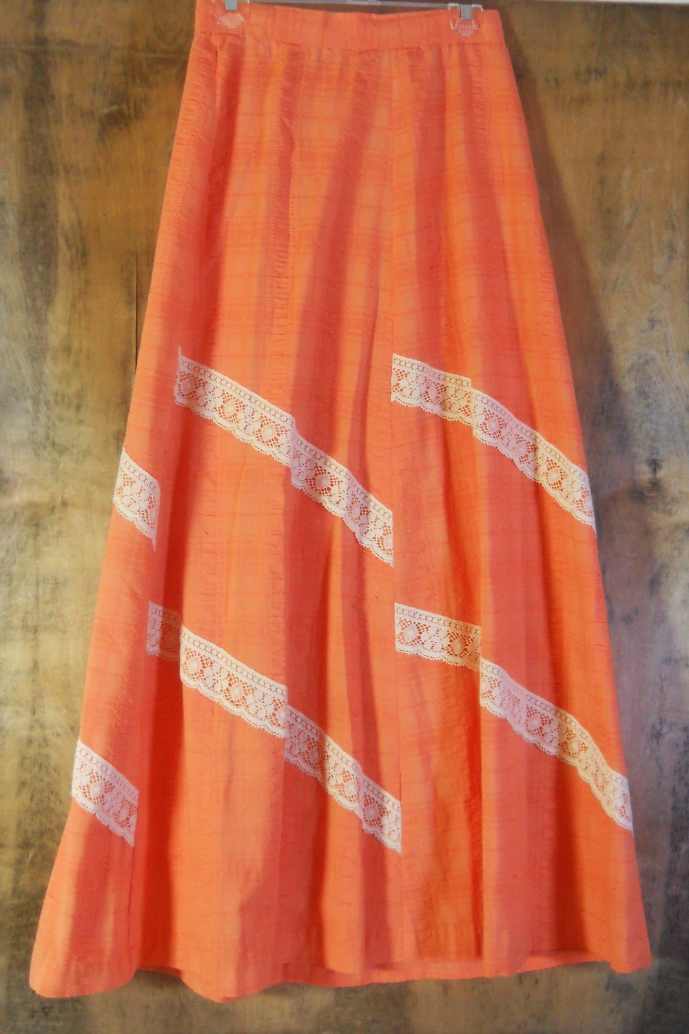 orange maxi skirt  cream lace  crinkle cotton cheescloth Apricot peach maxi small  from vintage opulence on Etsy