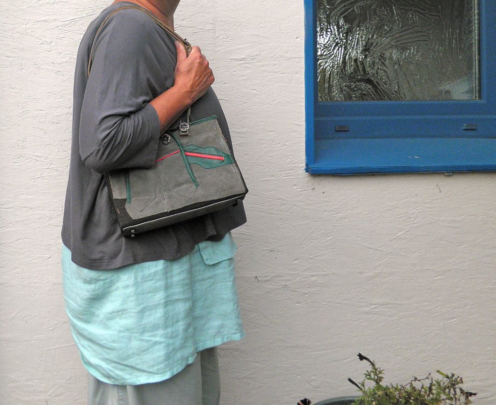 Unique Recycled Gray Leather Bag. Leather Shoulder Bag. Leather Handbag. Leather Purse. Women's Bag. Vintage German Boy's leather Lederhosen