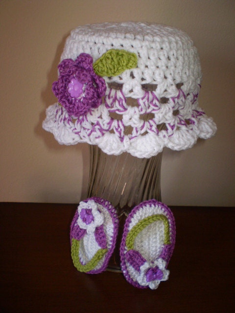 Hand crocheted Spring time set for baby girls, in mercerized cotton orchid, lime green and white