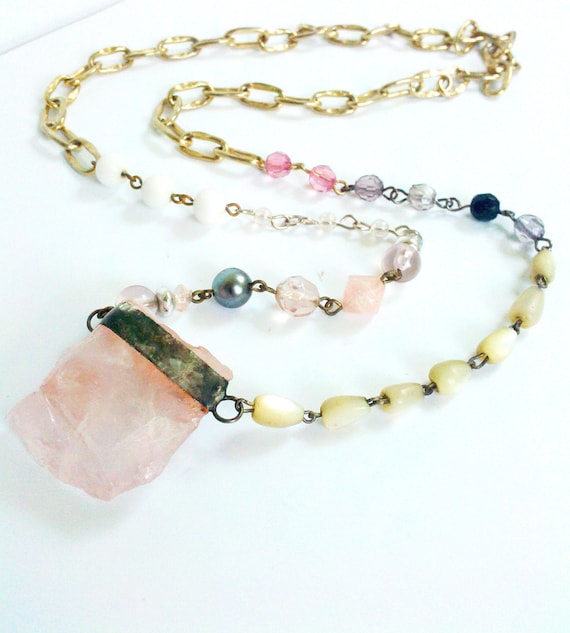 Pink Rose Quartz Necklace, Soldered Pink Crystal, Vintage Bead Chain Necklace, Gypsy Style Assemblage, Bohemian Necklace