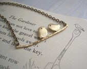 Love Birds necklace - golden brass birdies on branch - handmade