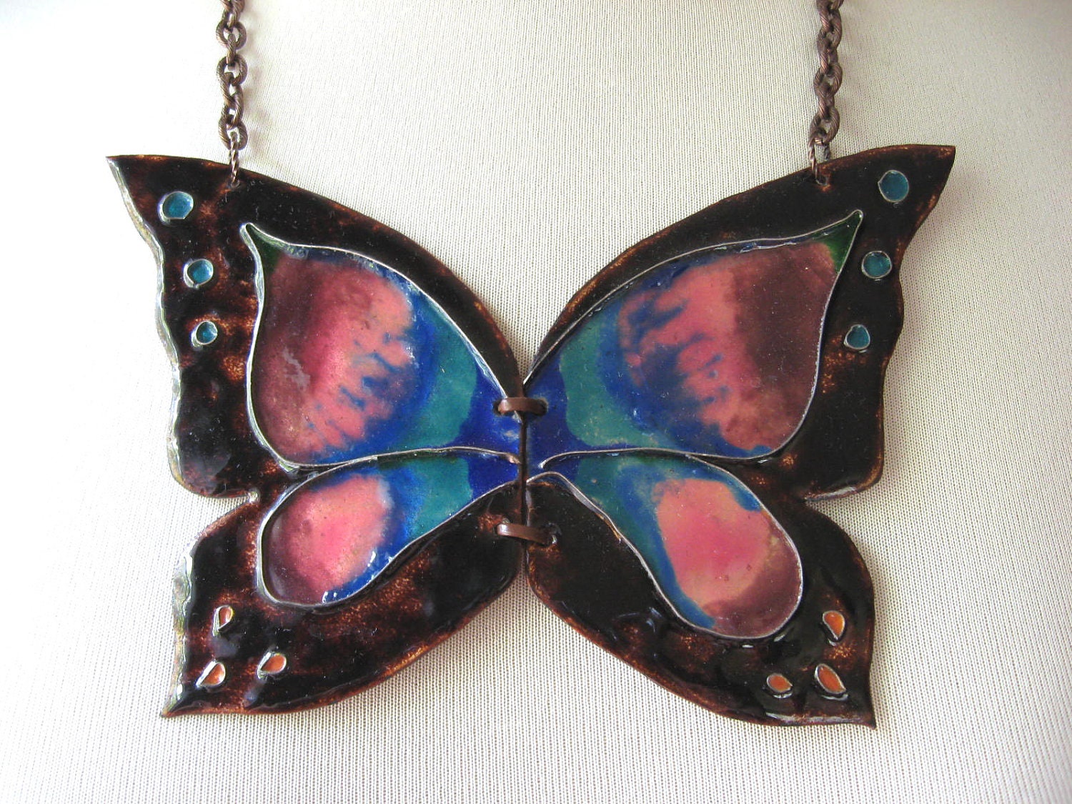 SALE Enamel Butterfly Necklace Vintage Handmade Huge Statement Necklace
