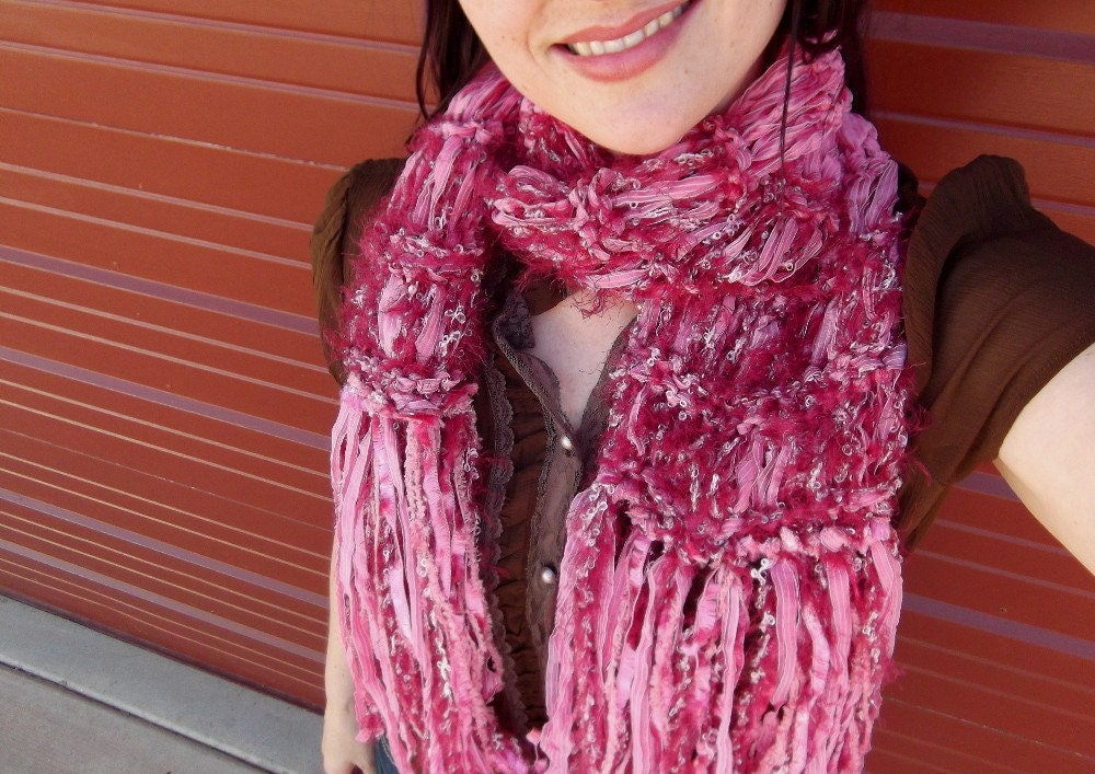 Pink Ribbon Scarf, Pretty Pink and Burgundy Soft Scarf with Long Fringe
