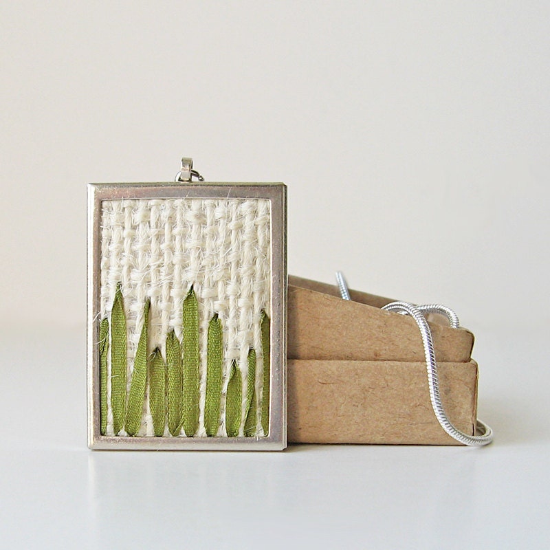 Green Grass Pendant Necklace embroidered silk ribbon