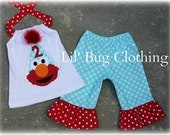 Elmo Polka Dot Birthday Hat Teal and Red Capri and Halter Top Spring Summer  Set Birthday Girl Bow