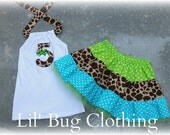 Custom Boutique Clothing Giraffe Aqua and Lime Tulle Tiered Skirt and Personalized Halter Top