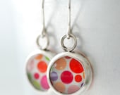 Mod Earrings, Retro Earrings, Polka Dot Earrings, Silver Earrings, Bezel Earrings, Pink, Orange, Green, 1970's, Wild Woman Jewelry