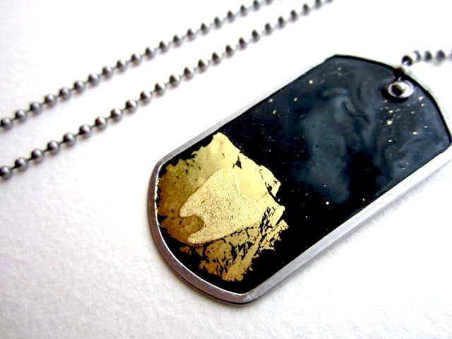 Gold Tooth Dog Tag - Hand-painted Man Jewelry - Black Enamel with 22 karat Gold Leaf