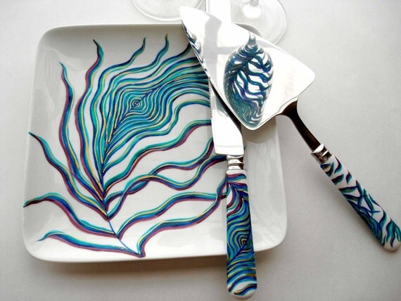 Peacock Wedding Toast and Cake Serving 6-Piece Customized Collection--Peacock Toasting Flutes, Ring Dish, Cake Plate, Cake Serving Set