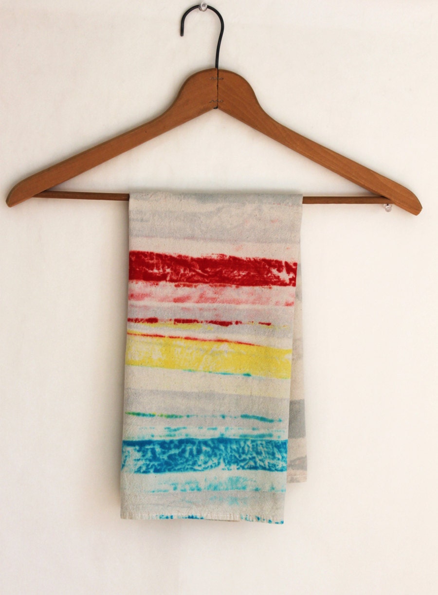 Kitchen towel, Primary colors, red, yellow, blue, gray, rustic natural unbleached cotton dish cloth hand painted stripes