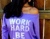 Work Hard, Be Nice.  Eco-Heather Crop Raglan. Size MEDIUM.