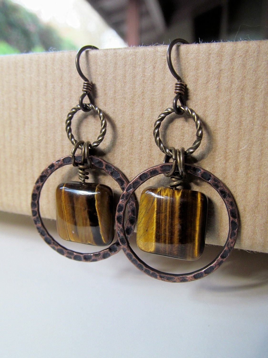 Mocha - Tigers Eye Hoops Beaded Niobium Earrings