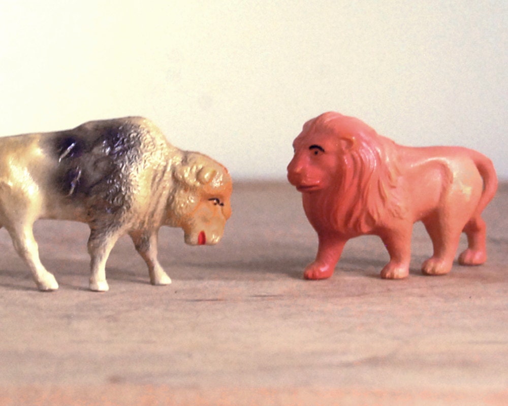 Vintage Celluloid Animals, Plastic Lion and Bison Figurines Made in United States