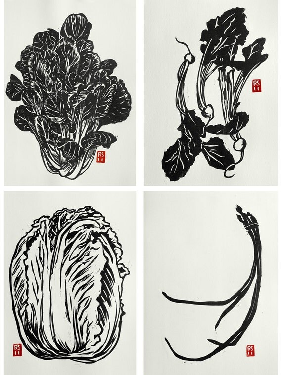 Asian Vegetable Set: 4 Hand-printed Block Prints
