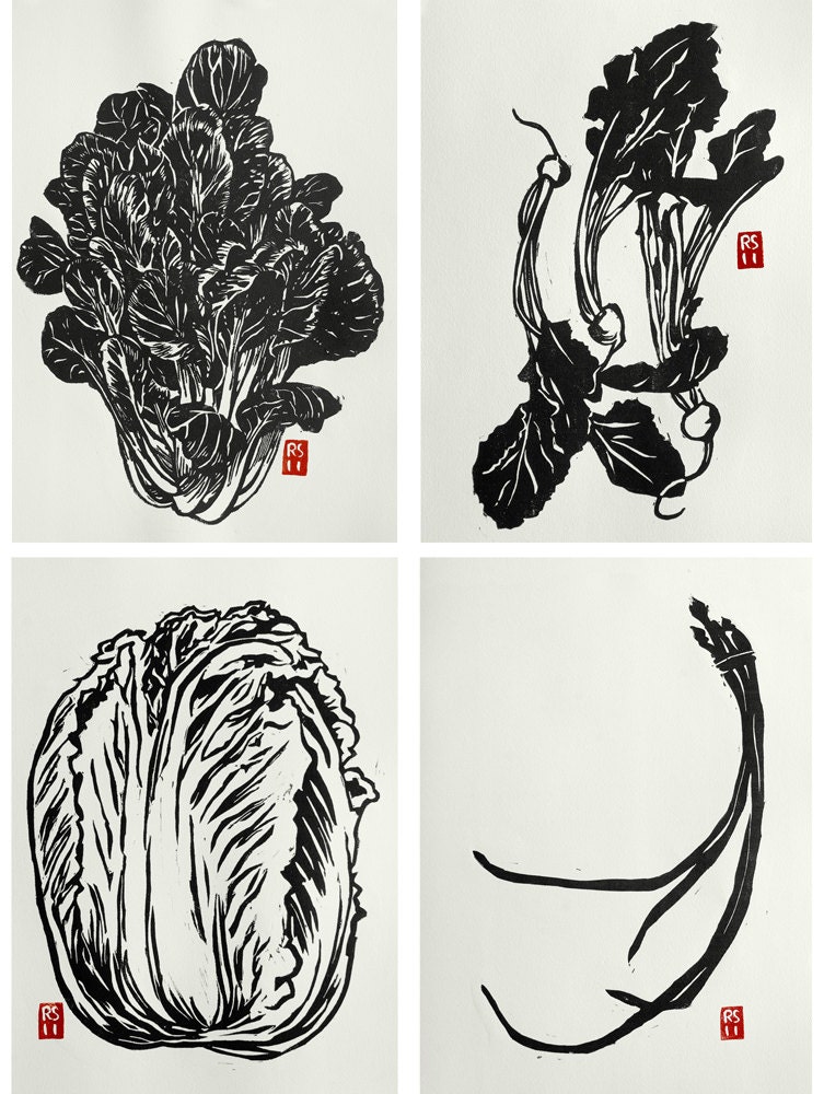 Asian Vegetable Set: 4 Hand-printed Block Prints