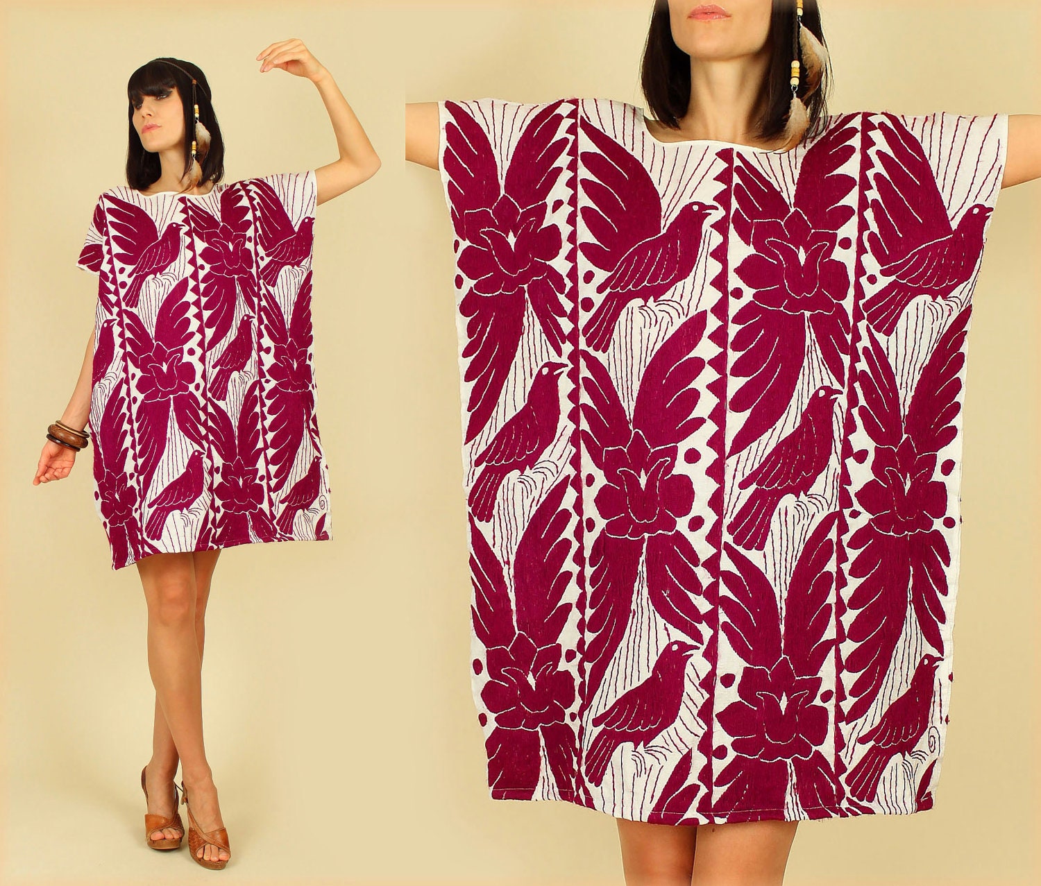 ViNtAgE 70's Embroidered Birds Caftan HiPPiE Gypsy Mini Dress