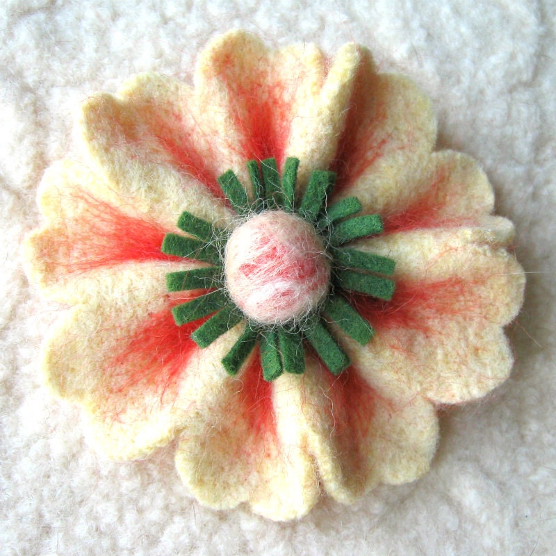 Yellow and Orange Poppy Felted Flower Brooch - Upcycled Sweater Wool Flower Pin