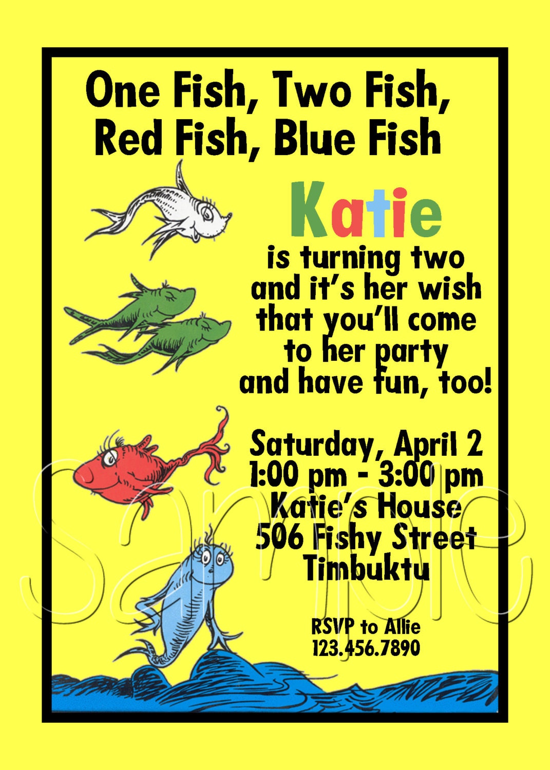 Custom Printable Dr Seuss One Fish Two Fish Birthday Party Invitation