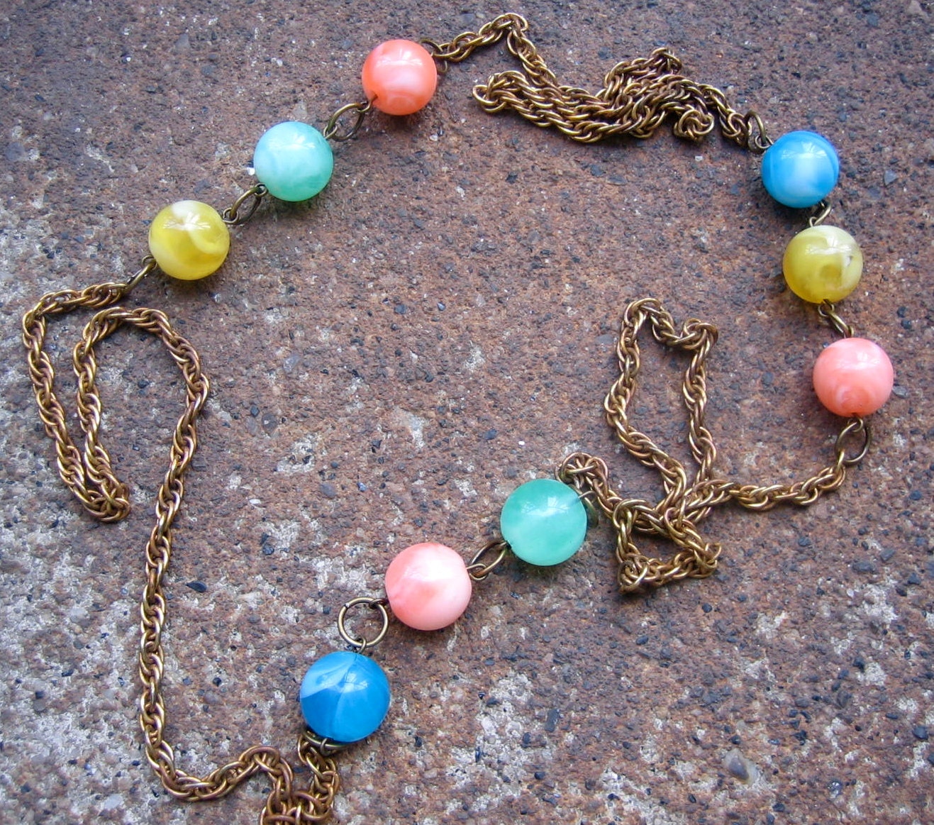 Celebration Necklace - Recycled Vintage Rope Chain and Swirled Beads in Aqua, Mint, Yellow and  Coral (Eco-Friendly)
