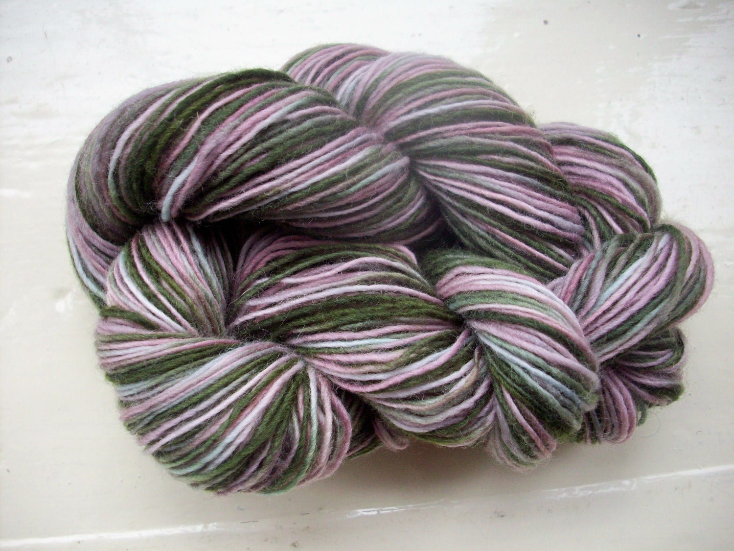 Hand painted yarn 150g. wool laceweight green pink