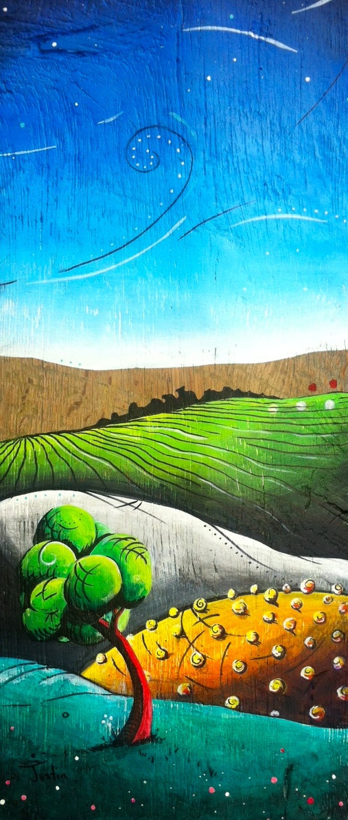 A Small Colorful Giclee Print with Rolling Hills and a Whimsical Tree Originally Painted on Reclaimed Barn Wood